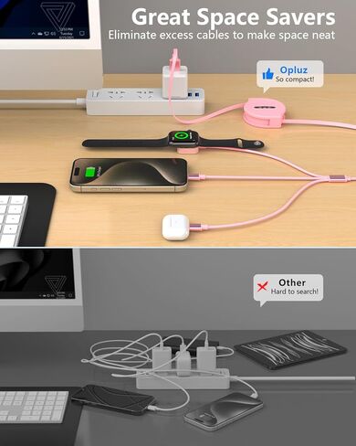 شاحن Apple Watch القابل للسحب الوردي لأجهزة متعددة ، 3 في 1 USB iPhone iPhatch Charger Cord Cable Multi Charging Cable لـ Apple Watch 10/9/8/Ultra 2 ، iPhone 16/15/14 ، Galaxy in Kuwait