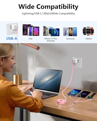 شاحن Apple Watch القابل للسحب الوردي لأجهزة متعددة ، 3 في 1 USB iPhone iPhatch Charger Cord Cable Multi Charging Cable لـ Apple Watch 10/9/8/Ultra 2 ، iPhone 16/15/14 ، Galaxy in Kuwait
