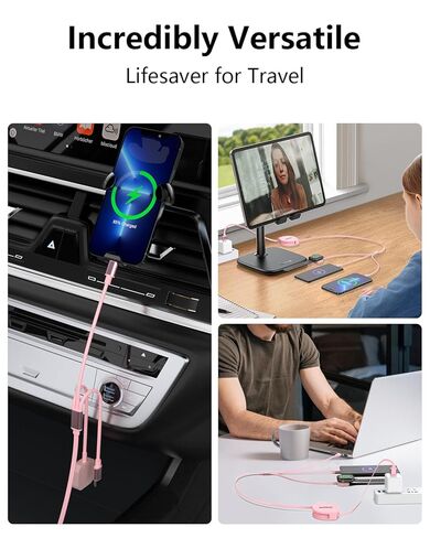 شاحن Apple Watch القابل للسحب الوردي لأجهزة متعددة ، 3 في 1 USB iPhone iPhatch Charger Cord Cable Multi Charging Cable لـ Apple Watch 10/9/8/Ultra 2 ، iPhone 16/15/14 ، Galaxy in Kuwait