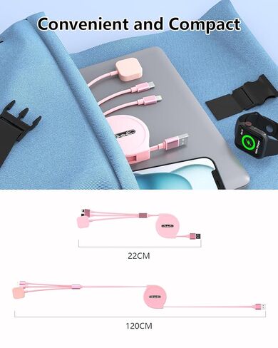 شاحن Apple Watch القابل للسحب الوردي لأجهزة متعددة ، 3 في 1 USB iPhone iPhatch Charger Cord Cable Multi Charging Cable لـ Apple Watch 10/9/8/Ultra 2 ، iPhone 16/15/14 ، Galaxy in Kuwait