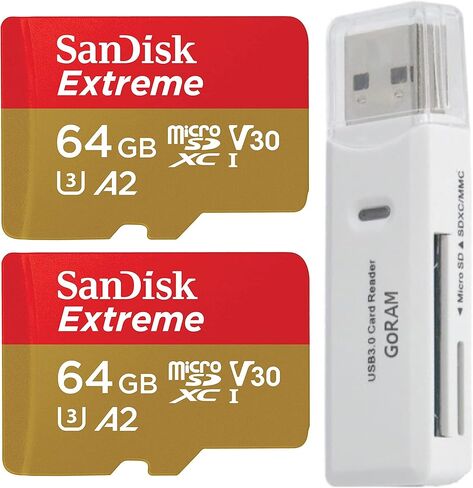 SanDisk 64GB (2 Pack) Extreme microSDXC 170MB/s UHS-I Memory Card SDSQXAH-064G-GN6MN Bundle with (1) GoRAM Card Reader (64GB, 2 Pack) in Saudi Arabia
