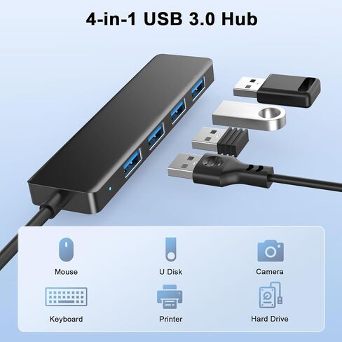 USB 3.0 Hub, 4 Port USB Hub Splitter, Portable USB Adapter Mini Multiport Expander for Laptop, Xbox, Flash Drive, HDD, Console, Printer, Camera, Keyboard, Mouse, Black in Saudi Arabia