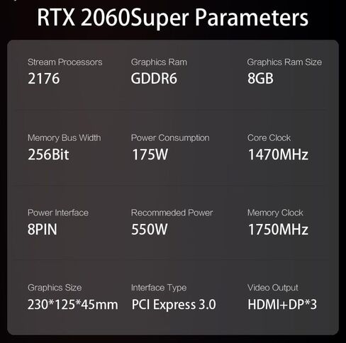RTX 2060 Super 8GB GDDR6 أداء بطاقة الرسومات 97 ٪ من RTX 3060 130 ٪ من RTX 3050 CORE 1470 MHz MEMIMENT1750 MHz CUDA 2176 256 BIT PCI Express 3.0 HDMI DP DVI in Kuwait