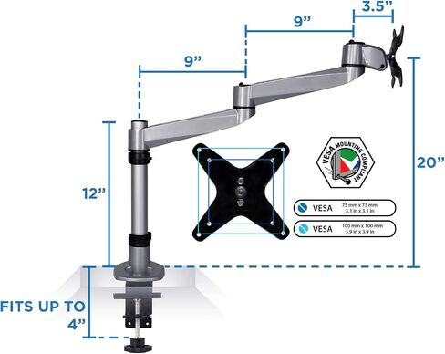 Mount-It! Premium Modular Monitor Desk Mount Arm Stand | Single Tilt Swivel Arm Fits 19 21.5 24 27 32 Inch Computer Screens with 75 100 VESA Patterns | C-Clamp and Grommet Bases | Silver in Saudi Arabia