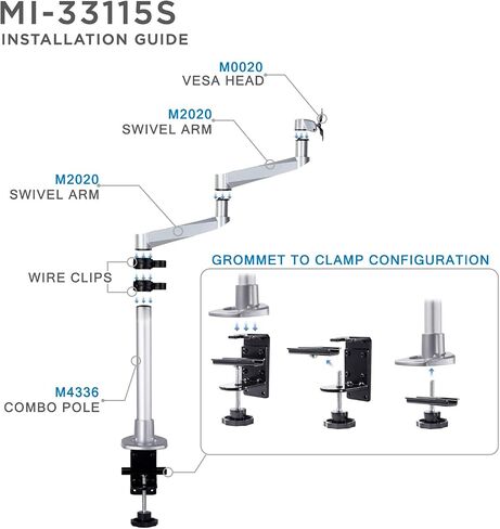 Mount-It! Premium Modular Monitor Desk Mount Arm Stand | Single Tilt Swivel Arm Fits 19 21.5 24 27 32 Inch Computer Screens with 75 100 VESA Patterns | C-Clamp and Grommet Bases | Silver in Saudi Arabia