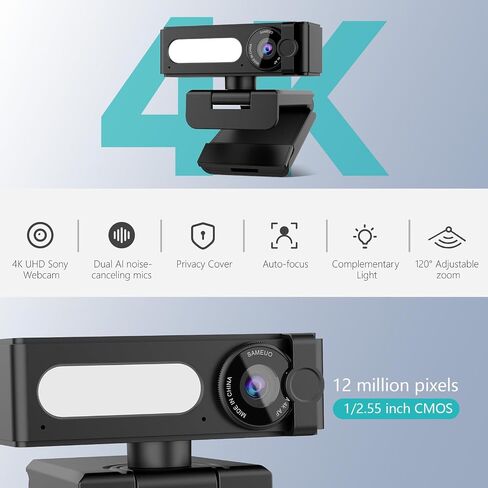 4K Webcam with Dual AI Noise-Cancelling Mics Autofocus, Auto Light Correction,120° FOV,Privacy Cover,Plug and Play Computer Camera for Microsoft Teams/Zoom/Google Voice/Skype/Facetime/YouTube,Black in Saudi Arabia