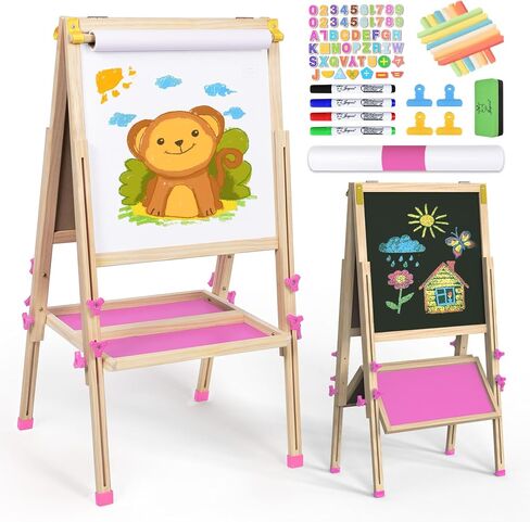 Joyooss Art Easel for Kids with Double-Sided Magnetic, Wooden Standing Kids Easel with Dry Erase Whiteboard & Chalkboard, Height Adjustable Children Easel with Paper Roll, Bonus Toddler Art Supplies in Saudi Arabia