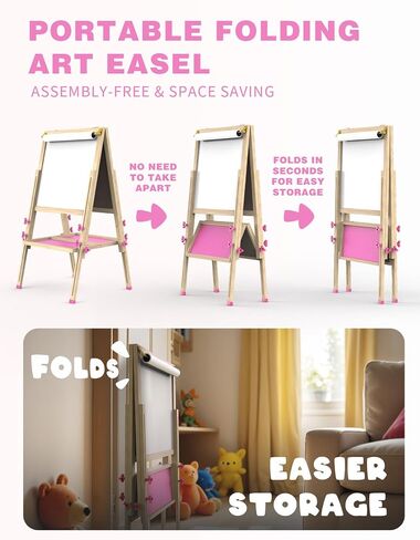 Joyooss Art Easel for Kids with Double-Sided Magnetic, Wooden Standing Kids Easel with Dry Erase Whiteboard & Chalkboard, Height Adjustable Children Easel with Paper Roll, Bonus Toddler Art Supplies in Saudi Arabia