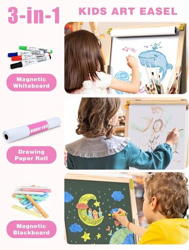 Joyooss Art Easel for Kids with Double-Sided Magnetic, Wooden Standing Kids Easel with Dry Erase Whiteboard & Chalkboard, Height Adjustable Children Easel with Paper Roll, Bonus Toddler Art Supplies in Saudi Arabia
