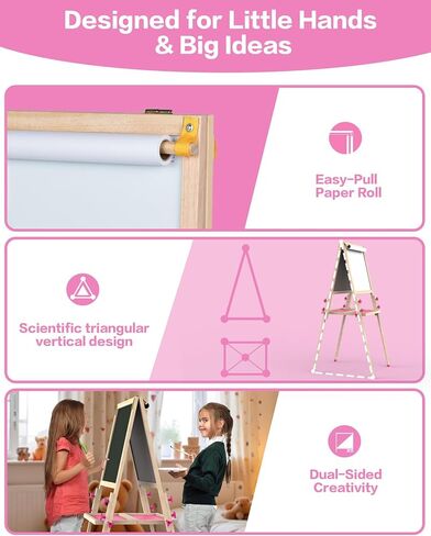 Joyooss Art Easel for Kids with Double-Sided Magnetic, Wooden Standing Kids Easel with Dry Erase Whiteboard & Chalkboard, Height Adjustable Children Easel with Paper Roll, Bonus Toddler Art Supplies in Saudi Arabia