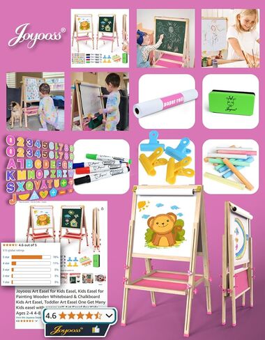 Joyooss Art Easel for Kids with Double-Sided Magnetic, Wooden Standing Kids Easel with Dry Erase Whiteboard & Chalkboard, Height Adjustable Children Easel with Paper Roll, Bonus Toddler Art Supplies in Saudi Arabia