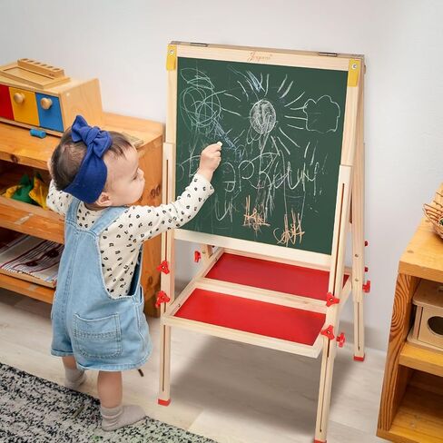 Joyooss Art Easel for Kids with Double-Sided Magnetic, Wooden Standing Kids Easel with Dry Erase Whiteboard & Chalkboard, Height Adjustable Children Easel with Paper Roll, Bonus Toddler Art Supplies in Saudi Arabia