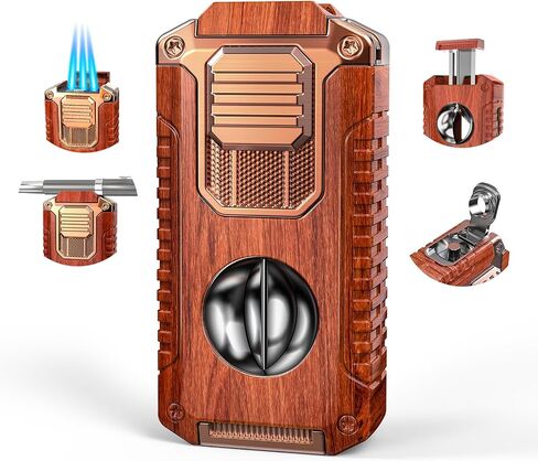 All-in-One Torch Lighter with Built-in V Cutter, Holder, Punch, and Draw Enhancer Tool, Winproof Adjustable Triple Jet Flame Lighter, Refillable Lighter Gift for Men (Butane not Included) (Mahogany) in Kuwait