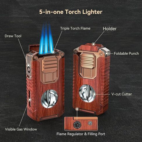 All-in-One Torch Lighter with Built-in V Cutter, Holder, Punch, and Draw Enhancer Tool, Winproof Adjustable Triple Jet Flame Lighter, Refillable Lighter Gift for Men (Butane not Included) (Mahogany) in Kuwait