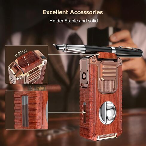 All-in-One Torch Lighter with Built-in V Cutter, Holder, Punch, and Draw Enhancer Tool, Winproof Adjustable Triple Jet Flame Lighter, Refillable Lighter Gift for Men (Butane not Included) (Mahogany) in Kuwait