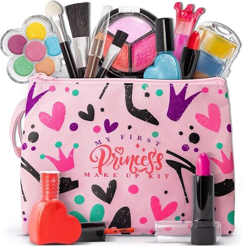 FoxPrint Kids Makeup Kit for Girls, Soft to skin, Easy to wash, 23 Pc Princess Makeup Set Toys Girls & Kids, Carrying Cosmetic Purse for Easy Storage in Saudi Arabia