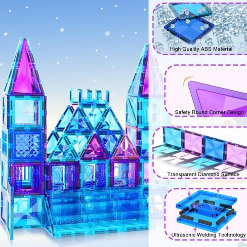 AFUNX 130 PCS Magnetic Tiles Building Blocks 3D Clear Magnetic Blocks Construction Playboards, Inspiration Building Tiles Creativity Beyond Imagination, Educational Magnet Toy Set for Kids with 2 Cars in Kuwait