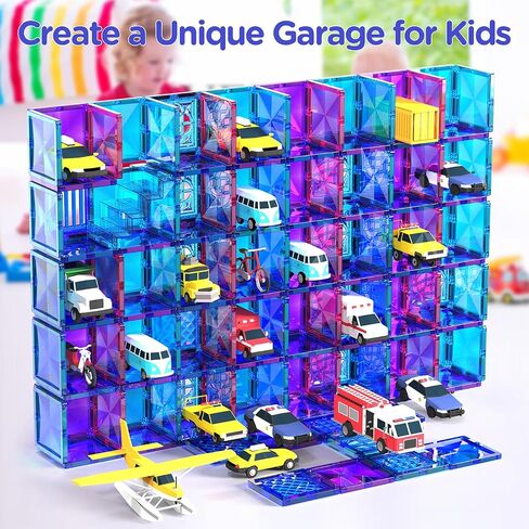 AFUNX 130 PCS Magnetic Tiles Building Blocks 3D Clear Magnetic Blocks Construction Playboards, Inspiration Building Tiles Creativity Beyond Imagination, Educational Magnet Toy Set for Kids with 2 Cars in Kuwait