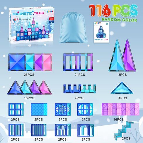 AFUNX 130 PCS Magnetic Tiles Building Blocks 3D Clear Magnetic Blocks Construction Playboards, Inspiration Building Tiles Creativity Beyond Imagination, Educational Magnet Toy Set for Kids with 2 Cars in Kuwait