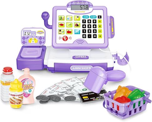 FS Toy Cash Register for Kids, Pretend Play Supermarket Playset with Real Calculator, Play Store Kids Cash Register with Scanner and Credit Card, Learn Counting Toys for Boys and Girls Ages 3 4 5 8 12 in Kuwait