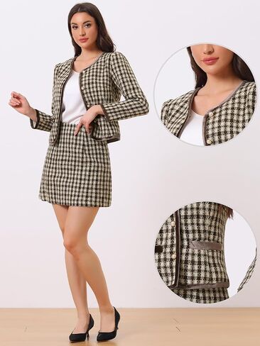 مجموعة بدلة عمل Allegra K للنساء مكونة من قطعتين وسترة قصيرة وتنورة منقوشة من التويد in Kuwait