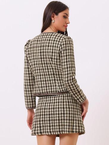 مجموعة بدلة عمل Allegra K للنساء مكونة من قطعتين وسترة قصيرة وتنورة منقوشة من التويد in Kuwait