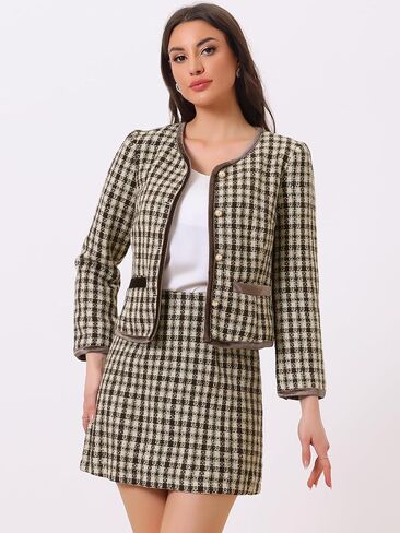 مجموعة بدلة عمل Allegra K للنساء مكونة من قطعتين وسترة قصيرة وتنورة منقوشة من التويد in Kuwait