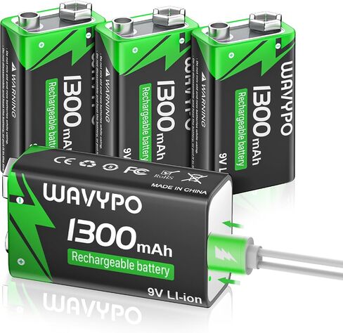 WAVYPO 1300mAh 4-Pack Rechargeable 9V Batteries,9 Volt Lithium-ion Batteries Long Lasting with 2-in-1 USB-C Fast Charging Cable, for Smoke Detector Alarms, Microphone, Toys, Walkie-Talkies in Kuwait