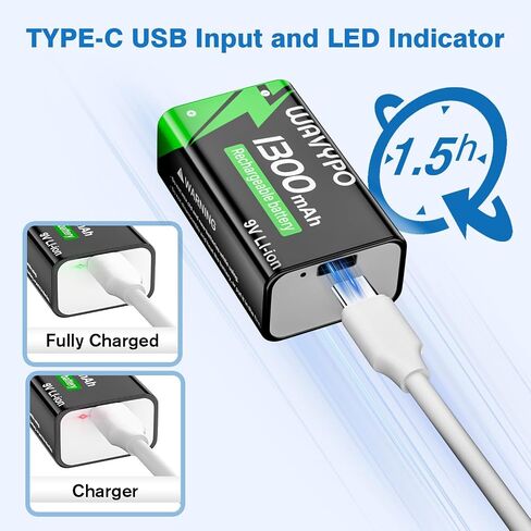 WAVYPO 1300mAh 4-Pack Rechargeable 9V Batteries,9 Volt Lithium-ion Batteries Long Lasting with 2-in-1 USB-C Fast Charging Cable, for Smoke Detector Alarms, Microphone, Toys, Walkie-Talkies in Kuwait
