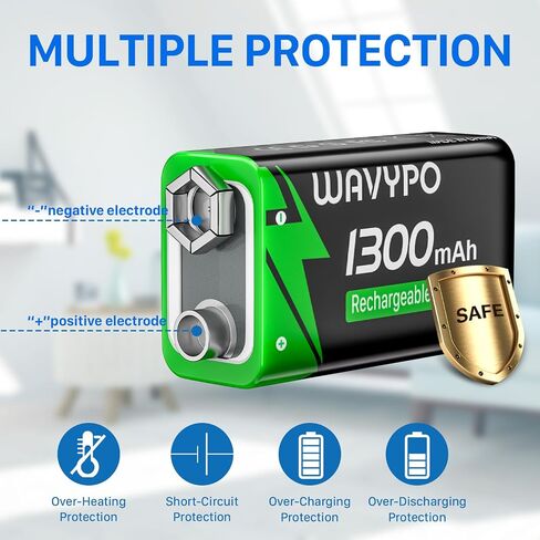 WAVYPO 1300mAh 4-Pack Rechargeable 9V Batteries,9 Volt Lithium-ion Batteries Long Lasting with 2-in-1 USB-C Fast Charging Cable, for Smoke Detector Alarms, Microphone, Toys, Walkie-Talkies in Kuwait
