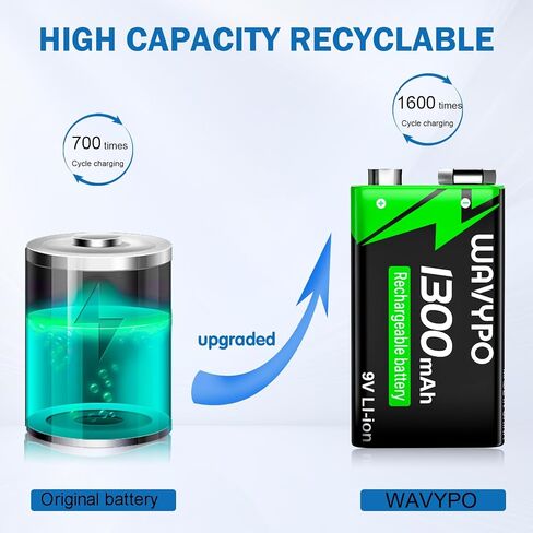 WAVYPO 1300mAh 4-Pack Rechargeable 9V Batteries,9 Volt Lithium-ion Batteries Long Lasting with 2-in-1 USB-C Fast Charging Cable, for Smoke Detector Alarms, Microphone, Toys, Walkie-Talkies in Kuwait
