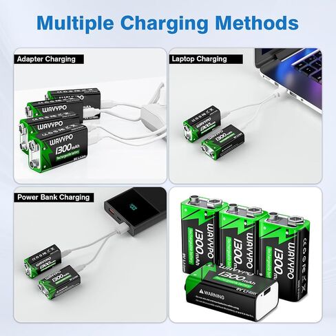 WAVYPO 1300mAh 4-Pack Rechargeable 9V Batteries,9 Volt Lithium-ion Batteries Long Lasting with 2-in-1 USB-C Fast Charging Cable, for Smoke Detector Alarms, Microphone, Toys, Walkie-Talkies in Kuwait