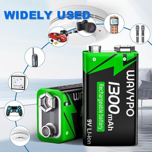 WAVYPO 1300mAh 4-Pack Rechargeable 9V Batteries,9 Volt Lithium-ion Batteries Long Lasting with 2-in-1 USB-C Fast Charging Cable, for Smoke Detector Alarms, Microphone, Toys, Walkie-Talkies in Kuwait