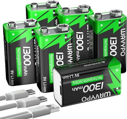 WAVYPO 1300mAh 4-Pack Rechargeable 9V Batteries,9 Volt Lithium-ion Batteries Long Lasting with 2-in-1 USB-C Fast Charging Cable, for Smoke Detector Alarms, Microphone, Toys, Walkie-Talkies in Kuwait