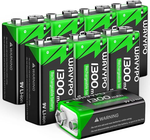 WAVYPO 1300mAh 4-Pack Rechargeable 9V Batteries,9 Volt Lithium-ion Batteries Long Lasting with 2-in-1 USB-C Fast Charging Cable, for Smoke Detector Alarms, Microphone, Toys, Walkie-Talkies in Kuwait