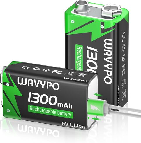 WAVYPO 1300mAh 4-Pack Rechargeable 9V Batteries,9 Volt Lithium-ion Batteries Long Lasting with 2-in-1 USB-C Fast Charging Cable, for Smoke Detector Alarms, Microphone, Toys, Walkie-Talkies in Kuwait