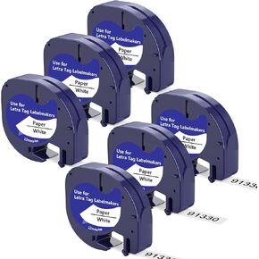 6 X Compatible with Dymo LetraTag Plastic Label Tape 91330 LT91330 S0721660 91201 91221 Black on White 12mm x 4m (1/2" x 13') Replacement for Letratag Plus LT100H LT100T QX50 in Saudi Arabia