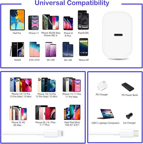 شاحن USB C السريع - 20W TYPE C WALLCHER مع 6 قدم USB C إلى كبل البرق - متوافق مع iPhone 14 PRO/13 PRO/12/12 PRO MAX/11/XS MAX/XS/XR/X/8 in Kuwait