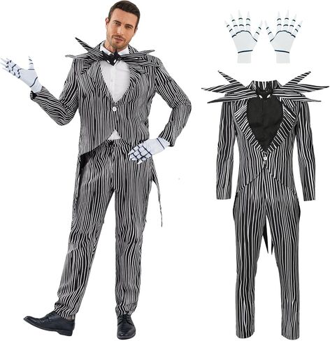 Men Jack Costume Nightmare Halloween Christmas Cosplay Stripe Jacket Pants with Bowtie in Kuwait