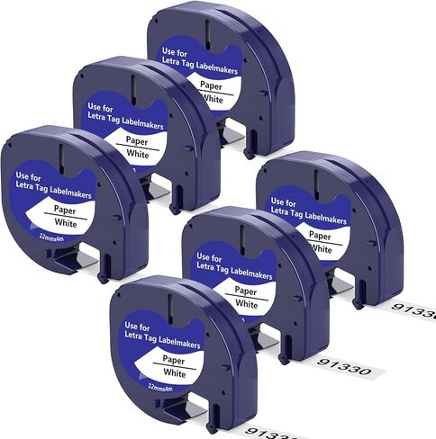 6 × متوافق مع الشريط الملصق البلاستيكي Dymo Letratag 91330 LT91330 S0721660 91201 91221 أسود على أبيض 12 مم × 4M (1/2 "× 13 ') بديل لـ Letratag Plus LT100H LT100T QX50 in Saudi Arabia