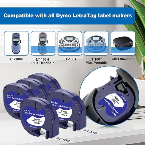 6 × متوافق مع الشريط الملصق البلاستيكي Dymo Letratag 91330 LT91330 S0721660 91201 91221 أسود على أبيض 12 مم × 4M (1/2 "× 13 ') بديل لـ Letratag Plus LT100H LT100T QX50 in Saudi Arabia