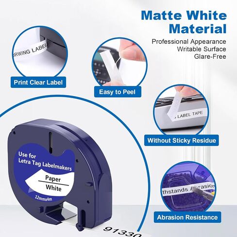 6 × متوافق مع الشريط الملصق البلاستيكي Dymo Letratag 91330 LT91330 S0721660 91201 91221 أسود على أبيض 12 مم × 4M (1/2 "× 13 ') بديل لـ Letratag Plus LT100H LT100T QX50 in Saudi Arabia