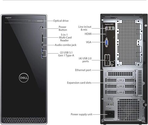 Dell Inspiron 3671 Desktop Gaming Desktop, Intel Core i7-9700 Processor, 32GB DDR4 RAM, 1TB PCIe SSD + 1TB HDD, WiFi, Bluetooth, DVDRW, HDMI, VGA, Windows 11 Pro, Black in Saudi Arabia