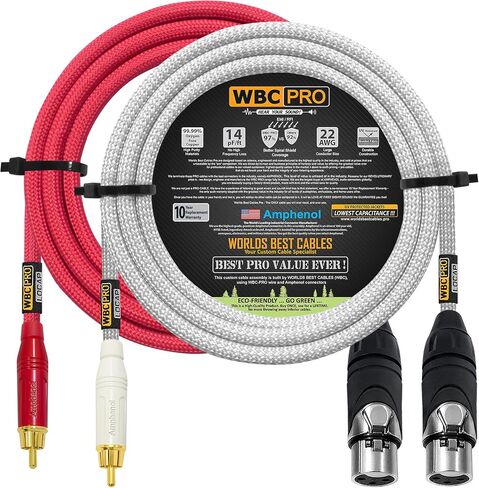 15 Foot RCA to XLR (Female) Cable Pair - WBC-PRO-LOCAP Low-Capacitance (14pF/ft) 22 AWG Ultra-Silent Audiophile & Pro-Grade Audio Interconnect Cable - Amphenol Plugs & Red & Silver Tweed Jackets in Kuwait