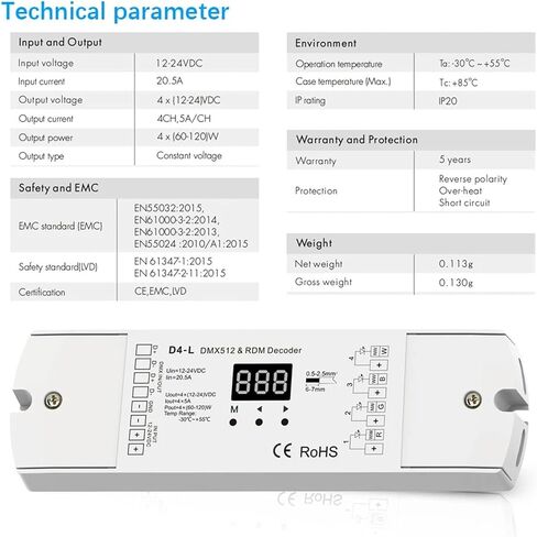 DMX512 Decoder 4CH 5A PWM CV RDM DMX 512 Decoder 12V 24V Single Color CT RGB RGBW LED Strip Controller 4 in 1 Driver D4-L in Saudi Arabia