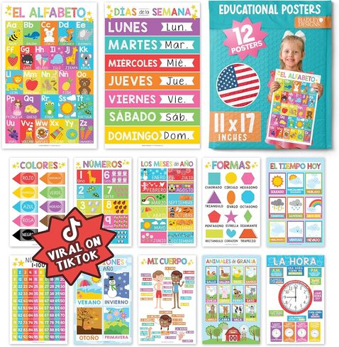 Hadley Designs 12 Spanish Educational Posters, Bilingual Learning Chart for Prek, Kindergarten & 1st Grade Kids, Classroom Decorations, Alphabet, Colors, Numbers, Months of the Year, Days of the Week in Saudi Arabia
