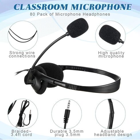 Kathfly 80 Packs Classroom Headphones with Microphone School Student Stereo Headphones Adjustable Office Conference Headphones with 3.5mm Plug for Kid Adult School Tablet Business Call Center in Saudi Arabia