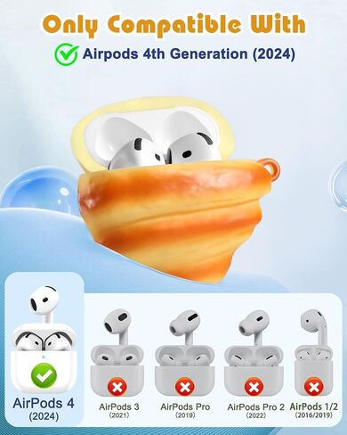Boaretiu for Airpods 4th Case - Cute Kawaii Croissant with Keychain for AirPods 4th Generation Case (2024) Funny 3D Soft Silicone Fun Cool for Girls Women Teens for Air Pods 4 Cover in Kuwait