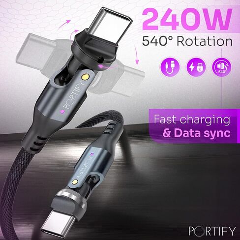 Swivel USB-C Charging Cable – 240W 3ft USB-C Cable Fast Charging – Heavy-Duty Nylon Swivel Charger Cord with 180-Degree Rotating Head – Right Angle Charger for Games, Car, Data Transfer in Saudi Arabia