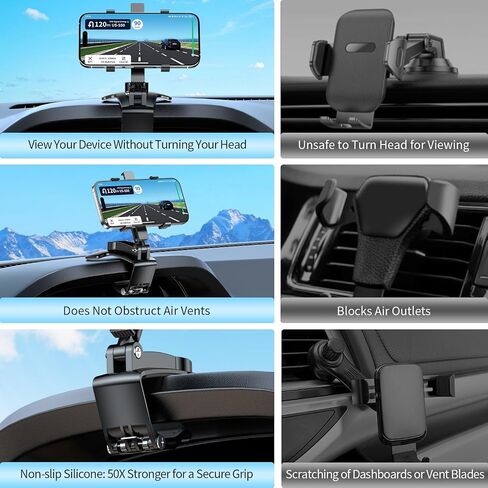 Universal 360 ° Dashboard Phone Mount-حامل سيارة دوارة متعددة الوظائف/الرؤية الخلفية للهواتف 4-7 بوصة ، حامل المشبك غير القابل للانزلاق (أسود) in Kuwait